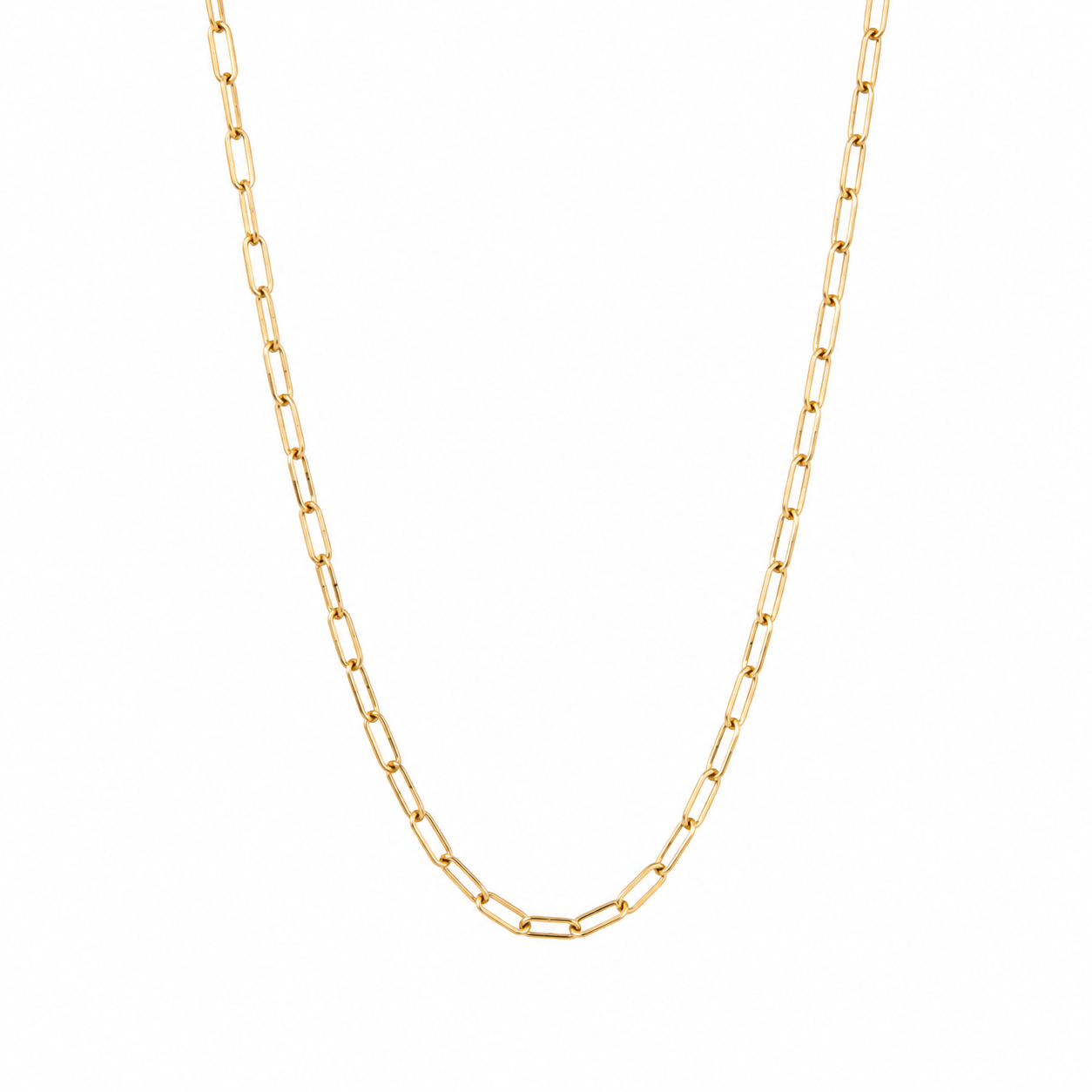 Delicate 18K gold paperclip chain necklace on a white background, perfect for layering and everyday wear.